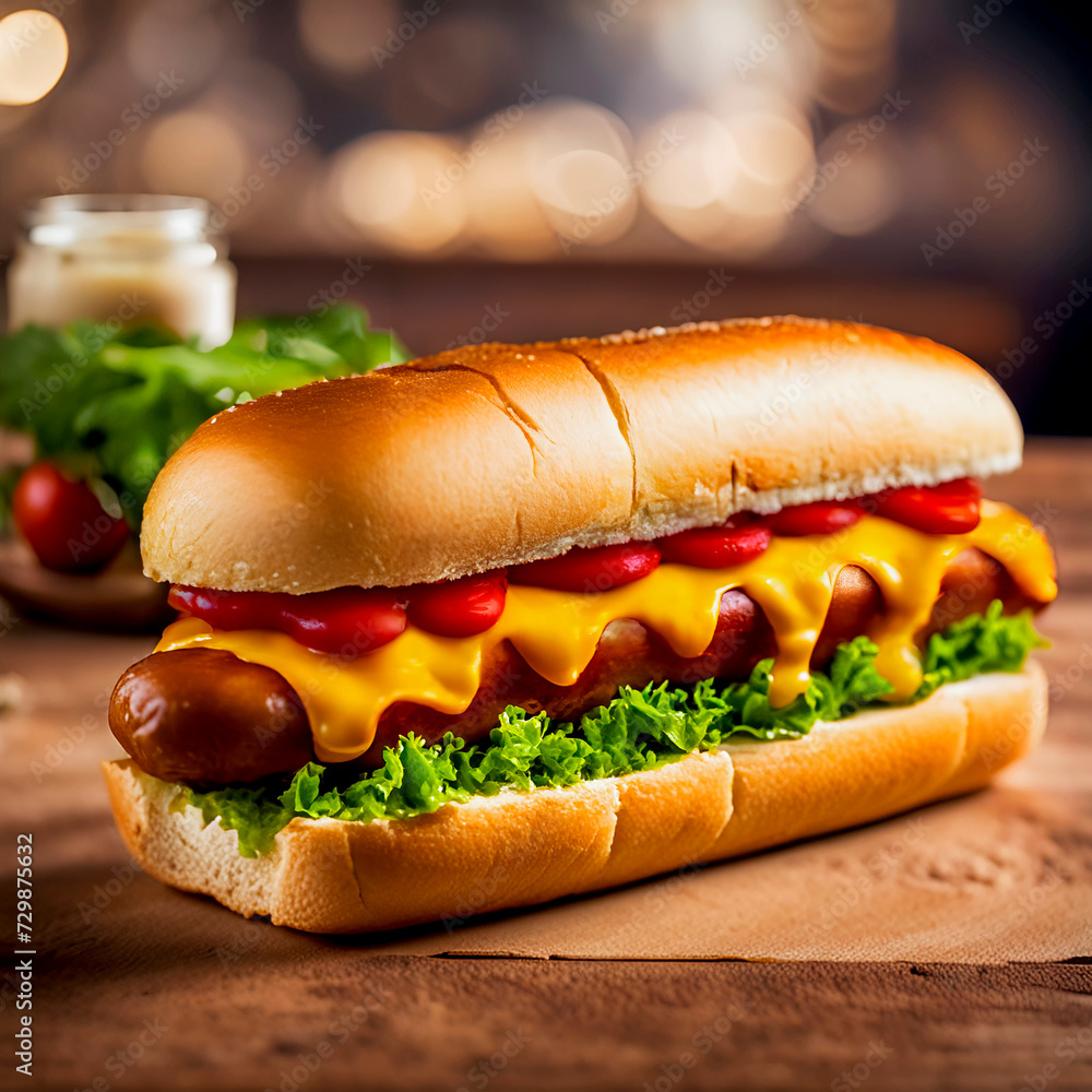 Hot dog with ketchup, mustard sauce and lettuce Hot dog with ketchup, mustard sauce and lettuce