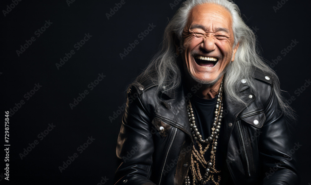 Joyful elderly Native American man with long silver hair laughing heartily, exuding a carefree spirit and timeless style in a classic black leather jacket Joyful elderly Native American man with long silver hair laughing heartily, exuding a carefree spirit and timeless style in a classic black leather jacket