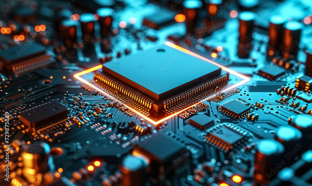 Fototapeta premium High-tech microprocessor chip on a motherboard, a concept of advanced technology, computing power and circuitry in modern electronics design