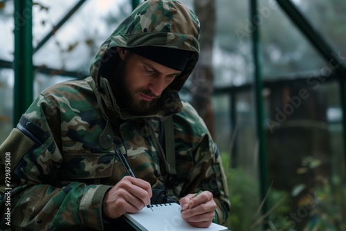 man in camouflage gear jotting notes in a notepad photo