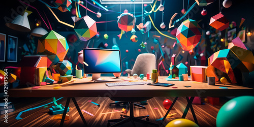 Vibrant and colorful educational workspace with floating geometric shapes, pencils, and lively confetti, depicting a creative learning environment photo