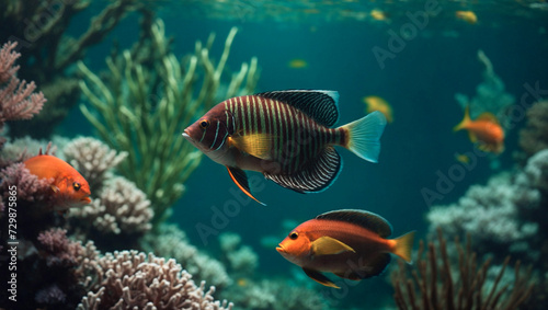 Underwater world in the ocean or in the sea. Fish swim among corals and marine plants. Scenic underwater life of marine animals photo