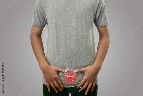 Digital composition of men with prostate disease, highlighted red inflammation, health and medical photo