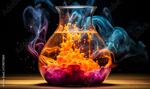 Vivid chemical reaction in a flask with orange and purple colors erupting in smoky swirls against a dark background, demonstrating a dynamic scientific experiment