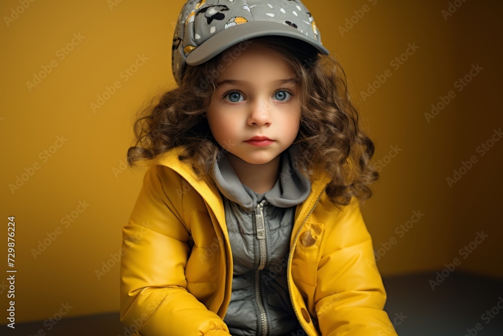 Little girl in a yellow jacket and a baseball cap. Studio shot. Little girl in a yellow jacket and a baseball cap. Studio shot.