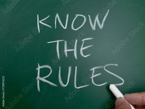 Know the rules, word text written on chalkboard, motivational inspirational quote