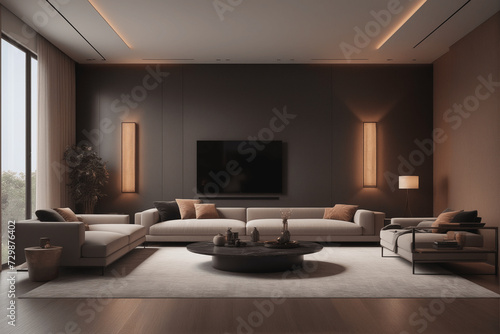 Modern minimalist living room design in gray tones. Fashionable interior of a large apartment with a large sofa for guests