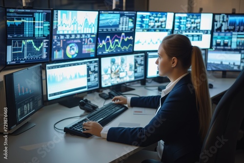 businesswoman at desk with multiple monitors