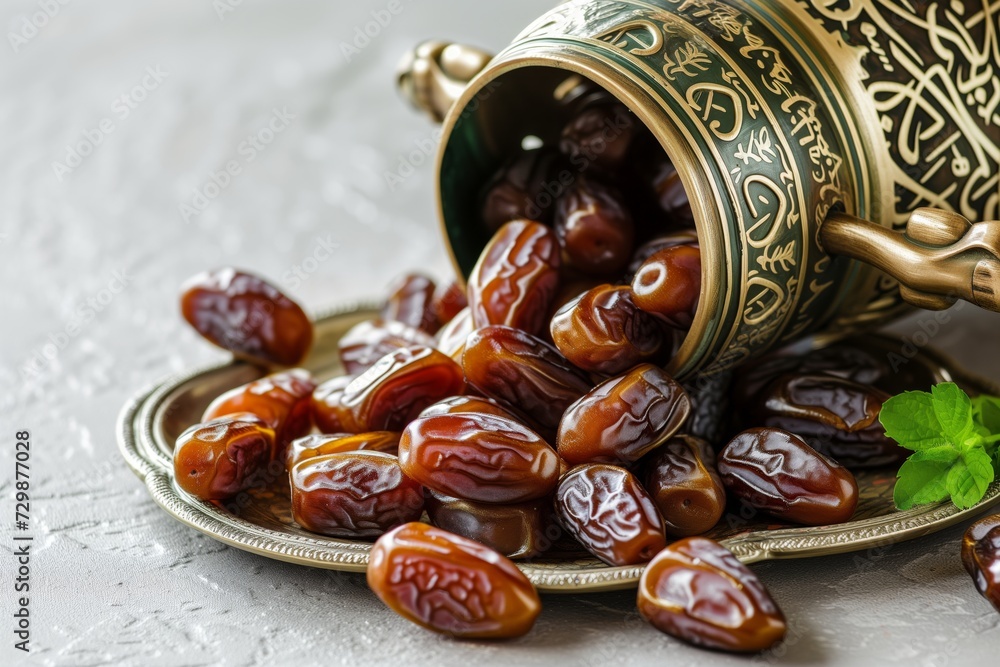 fresh dates spilling from an arabic plate onto a table