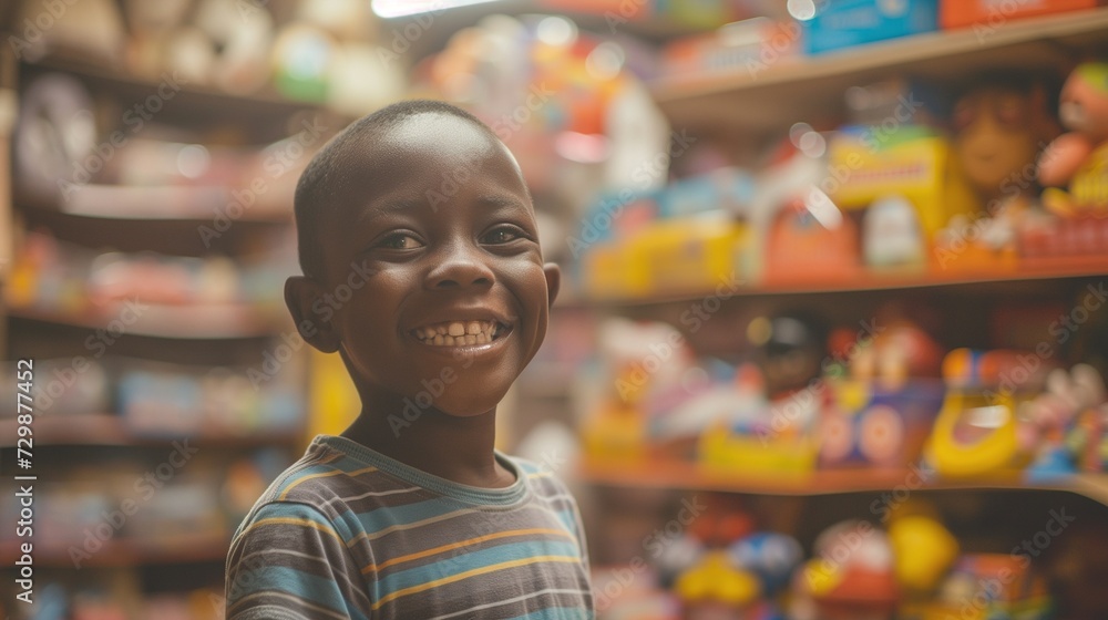 Cheerful young boy with a beaming smile in a toy store, embodying the pure joy and excitement of a playful shopping experience.