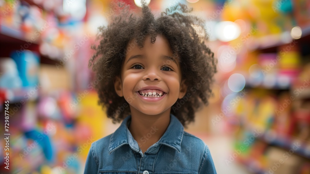 Joyful child in a denim outfit, beaming with a big smile in a vibrant toy store, embodying the happiness and excitement of a playful shopping adventure. Joyful child in a denim outfit, beaming with a big smile in a vibrant toy store, embodying the happiness and excitement of a playful shopping adventure.