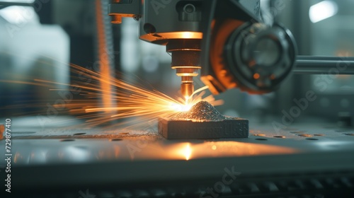 Industrial 3D printing of a metal part using powder bed fusion. Sparks fly as a laser precisely fuses metal powder into a mechanical component.