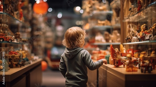 Toddler reaching for toys in a cozy, warmly lit store, creating a whimsical scene of childhood curiosity and the magic of playtime.