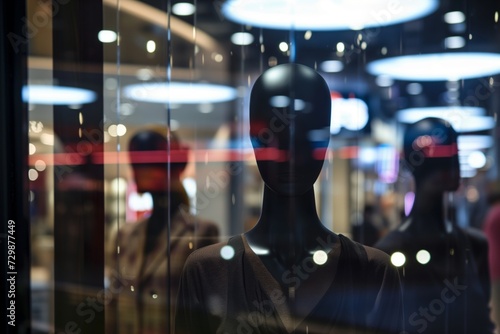 mannequins behind a shop window, mall lights reflecting