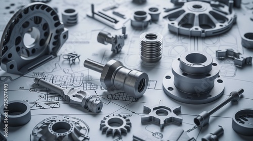 Array of mechanical parts and components precisely arranged on engineering drawings, highlighting the detail and precision involved in mechanical design and manufacturing.