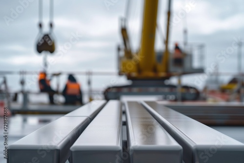 matte steel bench, crew operating a crane out of focus in the distance