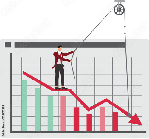 Businessman is trying to pull the arrow upward with a rope, but the rope is about to break
