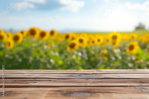 table with a blurred sunflower field backdrop