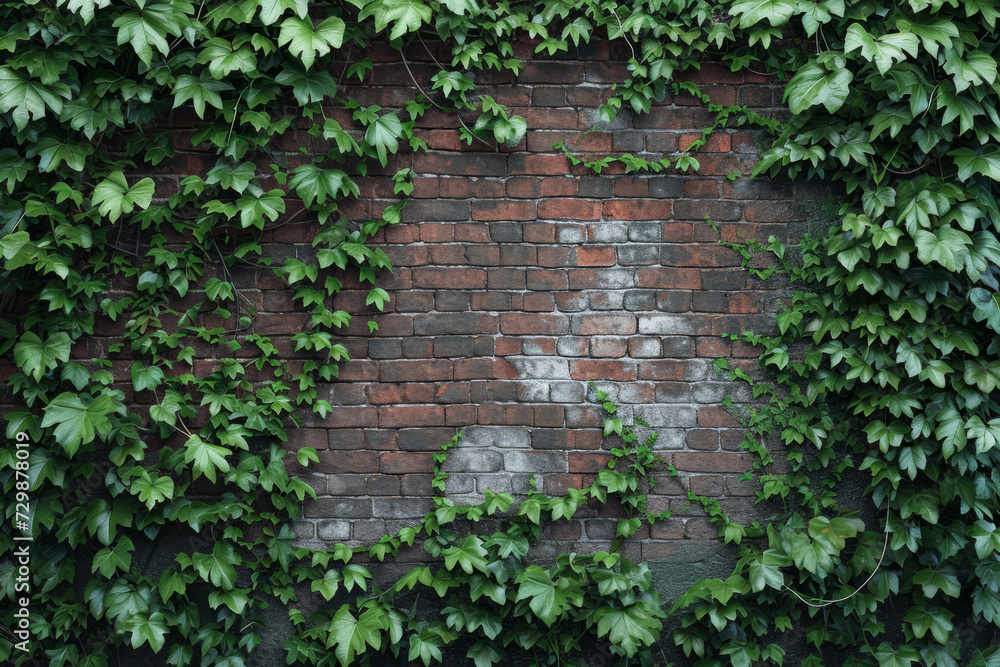 An old brick wall with vines growing over it, symbolizing the beauty in aging and natural reclaim. Concept of nature's embrace and the charm of decay. Generative Ai.