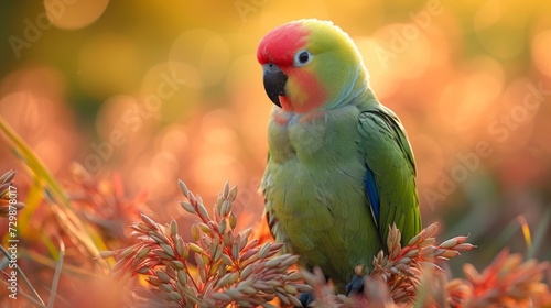 A male Malabar Parakeet feeding on a rice grains in the fields on the outskirts of Shivmoga, Karnataka  photo