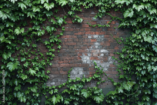 An old brick wall with vines growing over it, symbolizing the beauty in aging and natural reclaim. Concept of nature's embrace and the charm of decay. Generative Ai. © Sebastian