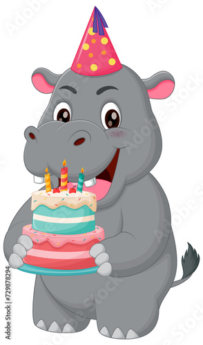 Cute Hippopotamus Cartoon Holding Birthday Cake Vector Illustration. Animal Nature Icon Concept Isolated Premium Vector