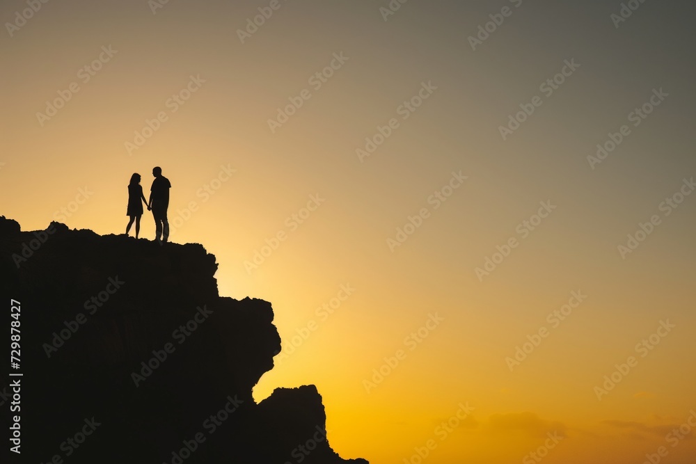 silhouettes of pair standing on cliff, sunrise in background