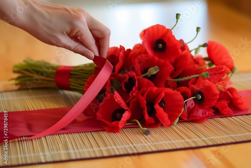 hand adjusting a ribbon on a poppy bouquet on a mat