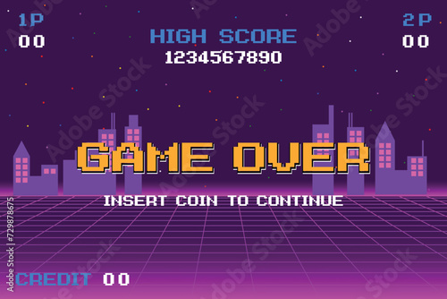 GAME OVER INSERT A COIN TO CONTINUE .pixel art .8 bit game. retro game. for game assets in vector illustrations.	