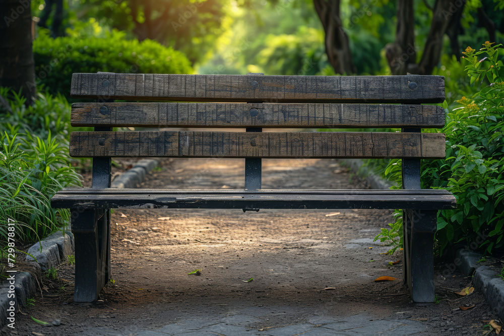 A weathered wooden bench in a park, providing rest and stories to countless visitors. Concept of functionality and beauty in weathered objects. Generative Ai. A weathered wooden bench in a park, providing rest and stories to countless visitors. Concept of functionality and beauty in weathered objects. Generative Ai.