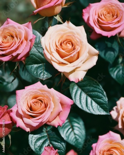 The image features a cluster of pink and peach roses with green leaves in the background. The flowers are of varying sizes and shades  creating a vibrant and eye-catching display.
