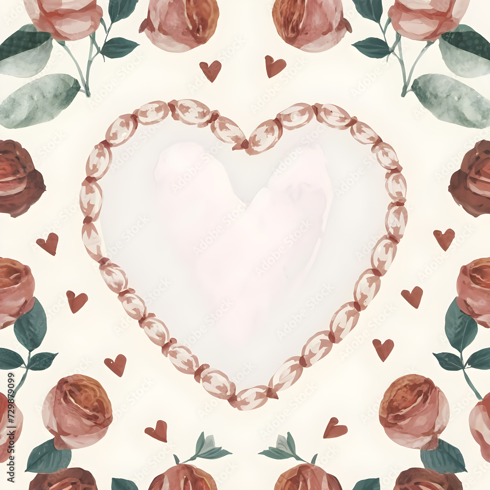 Seamless pattern with watercolor roses and enclose heart shape. Hand-drawn Watercolor style illustration.