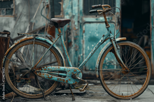 An old, slightly rusty bicycle, still functioning and cherished for its reliability. Concept of value and reliability beyond surface imperfections. Generative Ai.