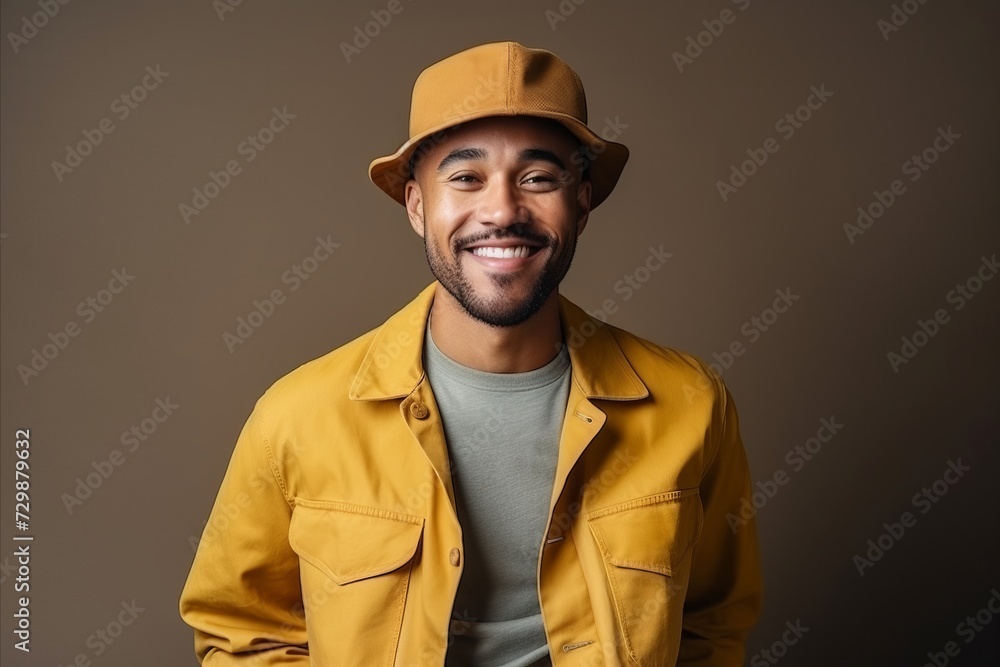 Portrait of a happy african american man in yellow jacket and cap Portrait of a happy african american man in yellow jacket and cap