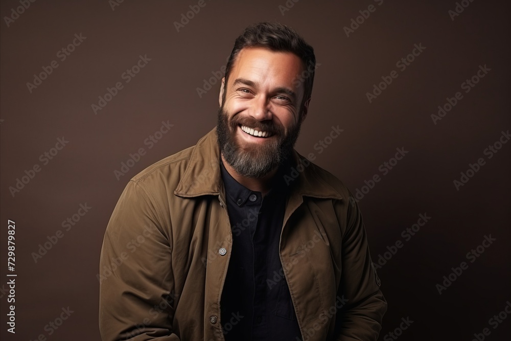 Portrait of a handsome bearded man in a brown jacket. Studio shot.