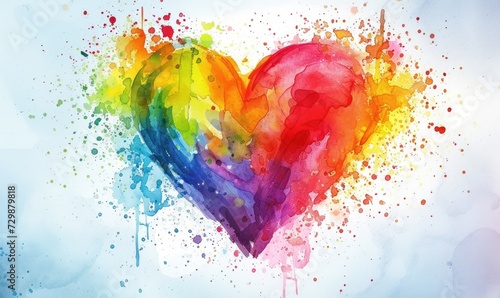 Rainbow heart made from watercolor paint splashes.
