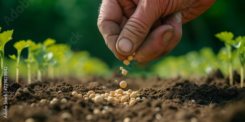 Farmer hand sowing seeds of vegetable on prepared soil.