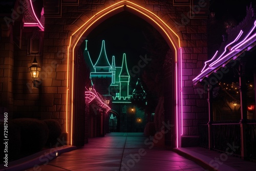 neon lights outlining castle gate