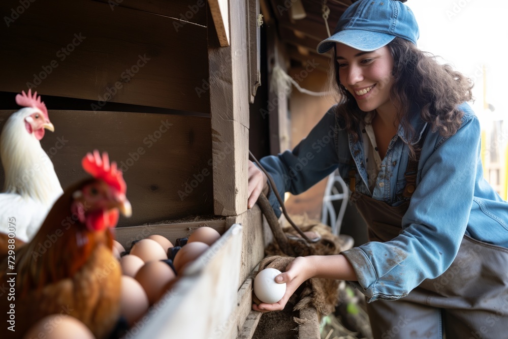female farmer collecting eggs from a henhouse