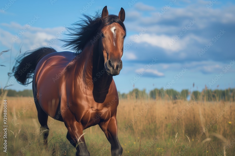 Obraz premium horse with glossy coat charging toward camera in open field
