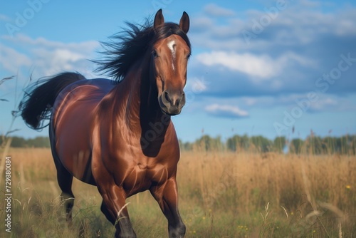 horse with glossy coat charging toward camera in open field
