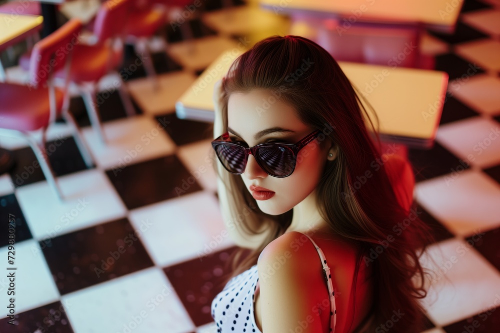 girl in sunglasses posing by diners checkered floor girl in sunglasses posing by diners checkered floor