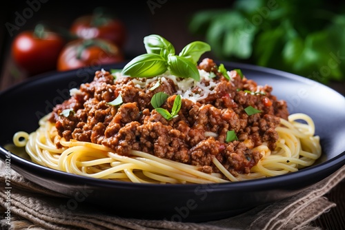 Exquisite spaghetti with savory meat, beautifully served and decorated with basil leaf