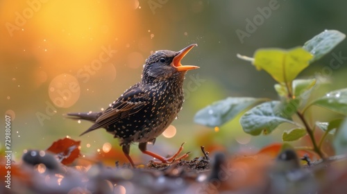 Songbird, Common Starling, Sturnus vulgaris,flying to the nesthole to feed begging chicks with opened beak against spring forest in background.  photo