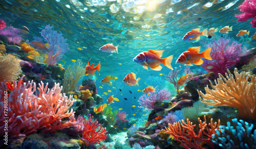 underwater scene vibrant coral reef teeming with colorful fish © Sunisadonphimai