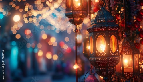 Eid ul Fitr, with an array of beautifully decorated lights, traditional ornaments, and the spirit of celebration in the air photo
