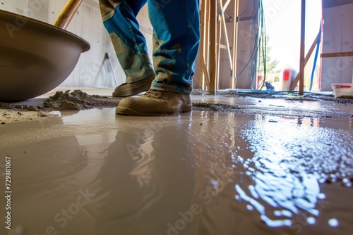 worker wetting the floor before pouring concrete photo
