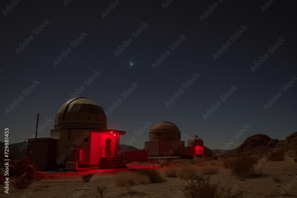 observatory buildings with red lights, under a clear desert night sky observatory buildings with red lights, under a clear desert night sky