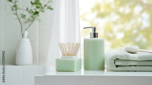 Modern Bathroom Vanity with Green Accents and White Towels, Offering a Refreshing and Clean Environment