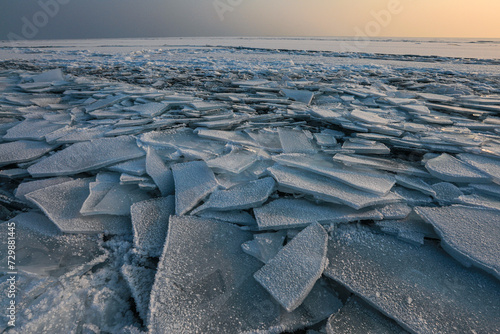 Frozen ice floes in the Kapchagay reservoir in the Almaty region of Kazakhstan.